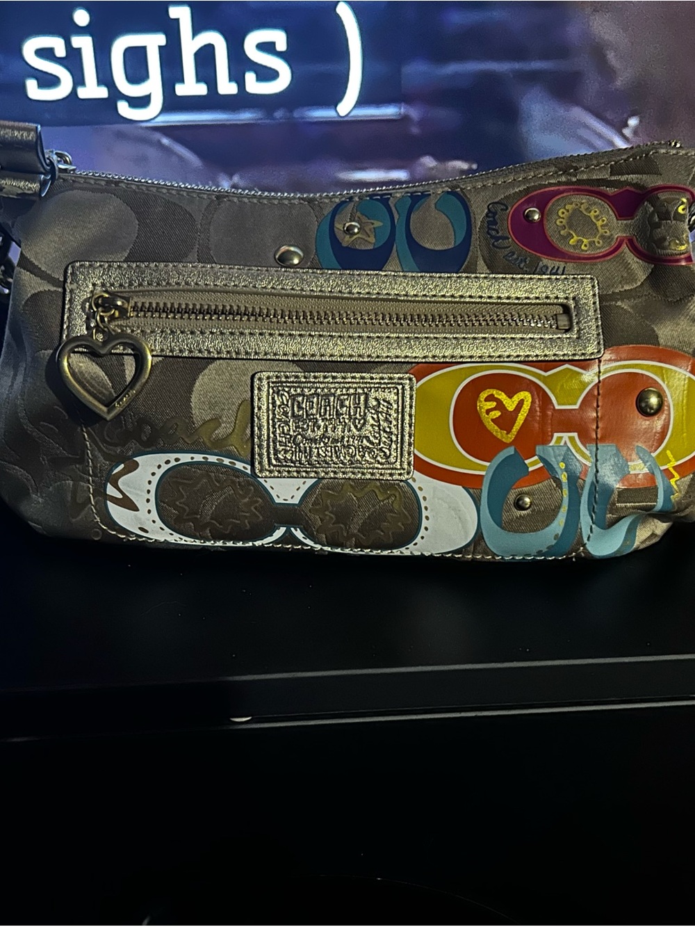 Coach Signature Gray bag with Multi-Color Graphic Accents